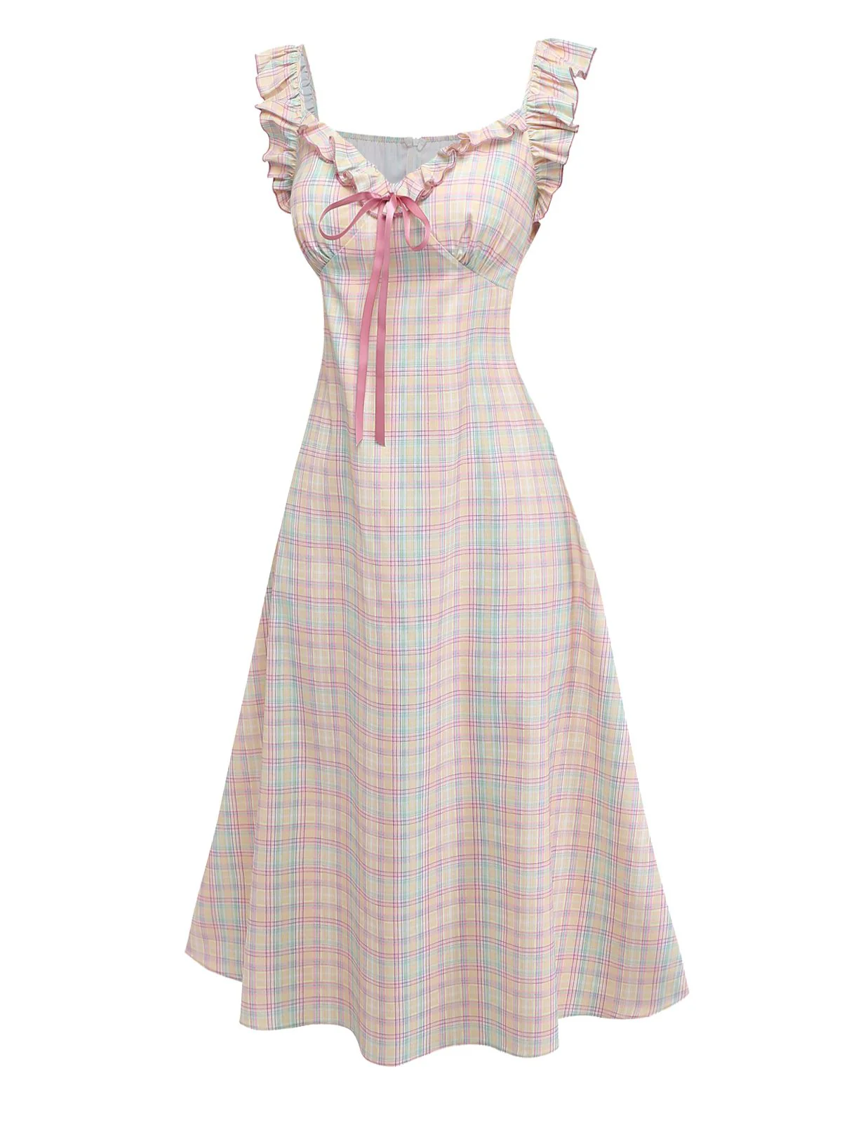 Robe swing volants nœud col cœur carreaux pastels 1950s - Image 4