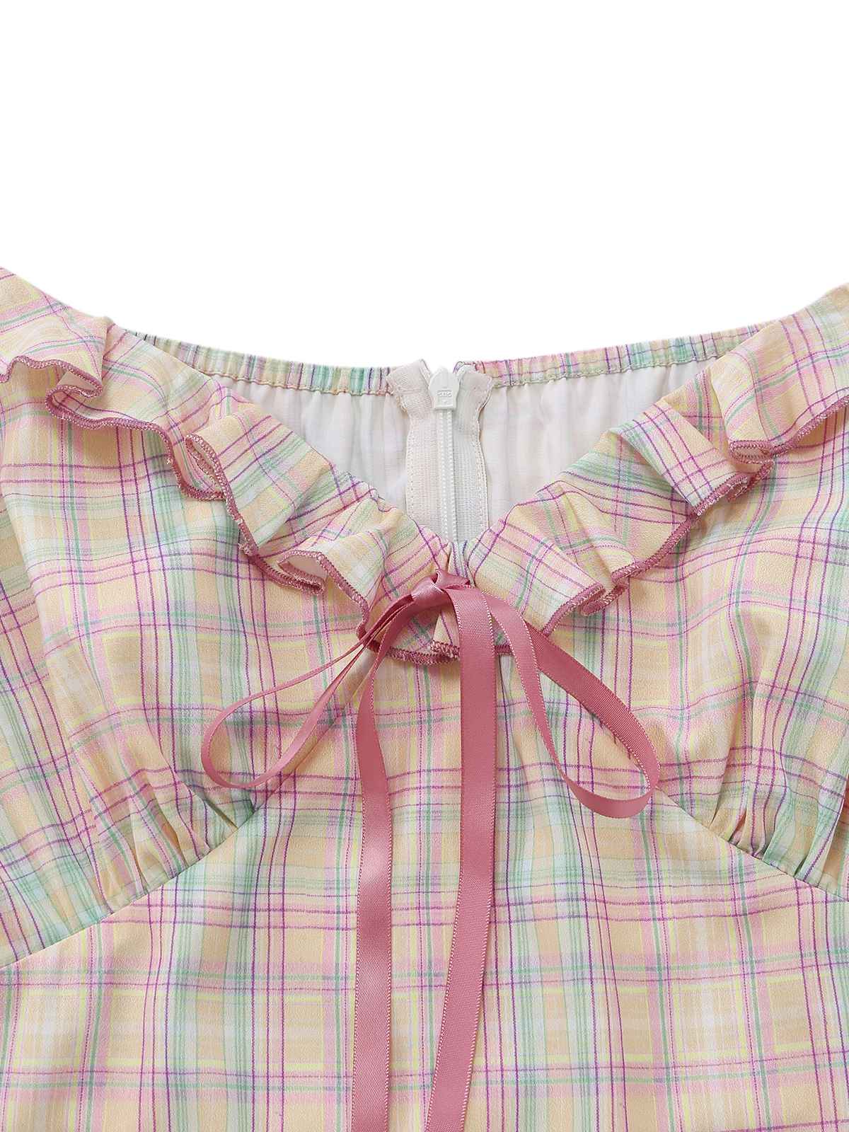 Robe swing volants nœud col cœur carreaux pastels 1950s - Image 6