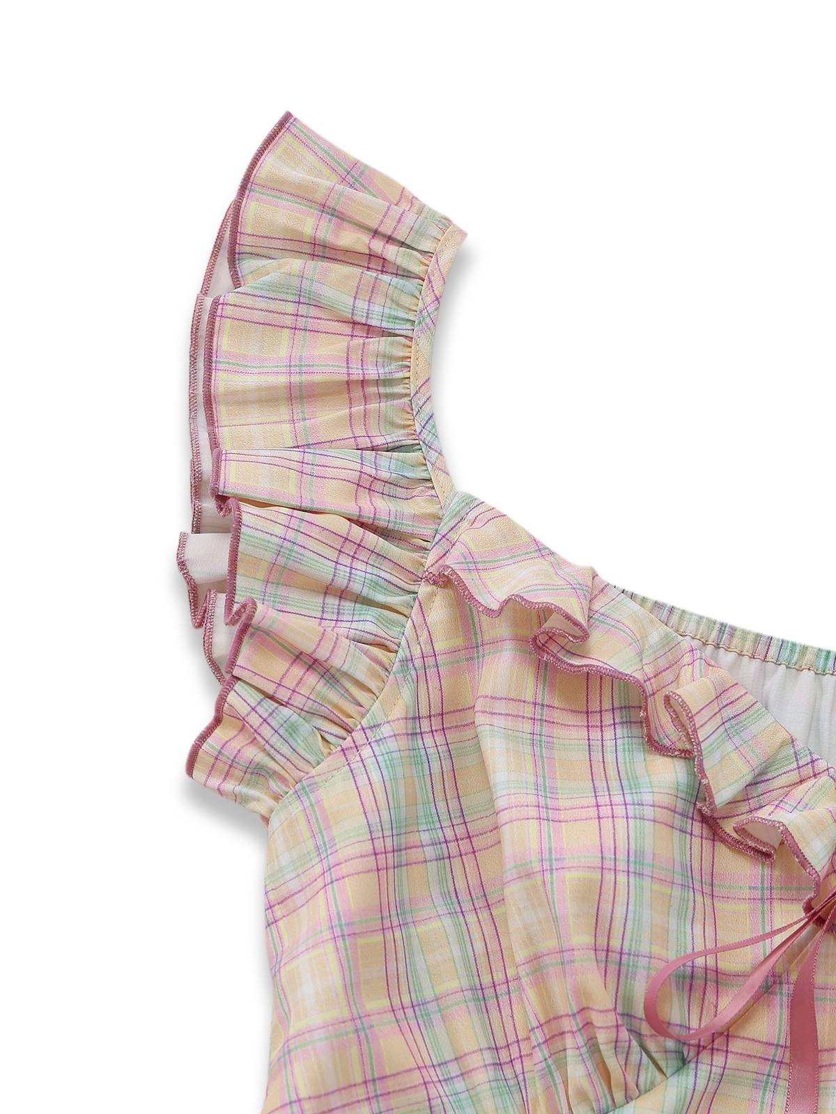Robe swing volants nœud col cœur carreaux pastels 1950s - Image 7