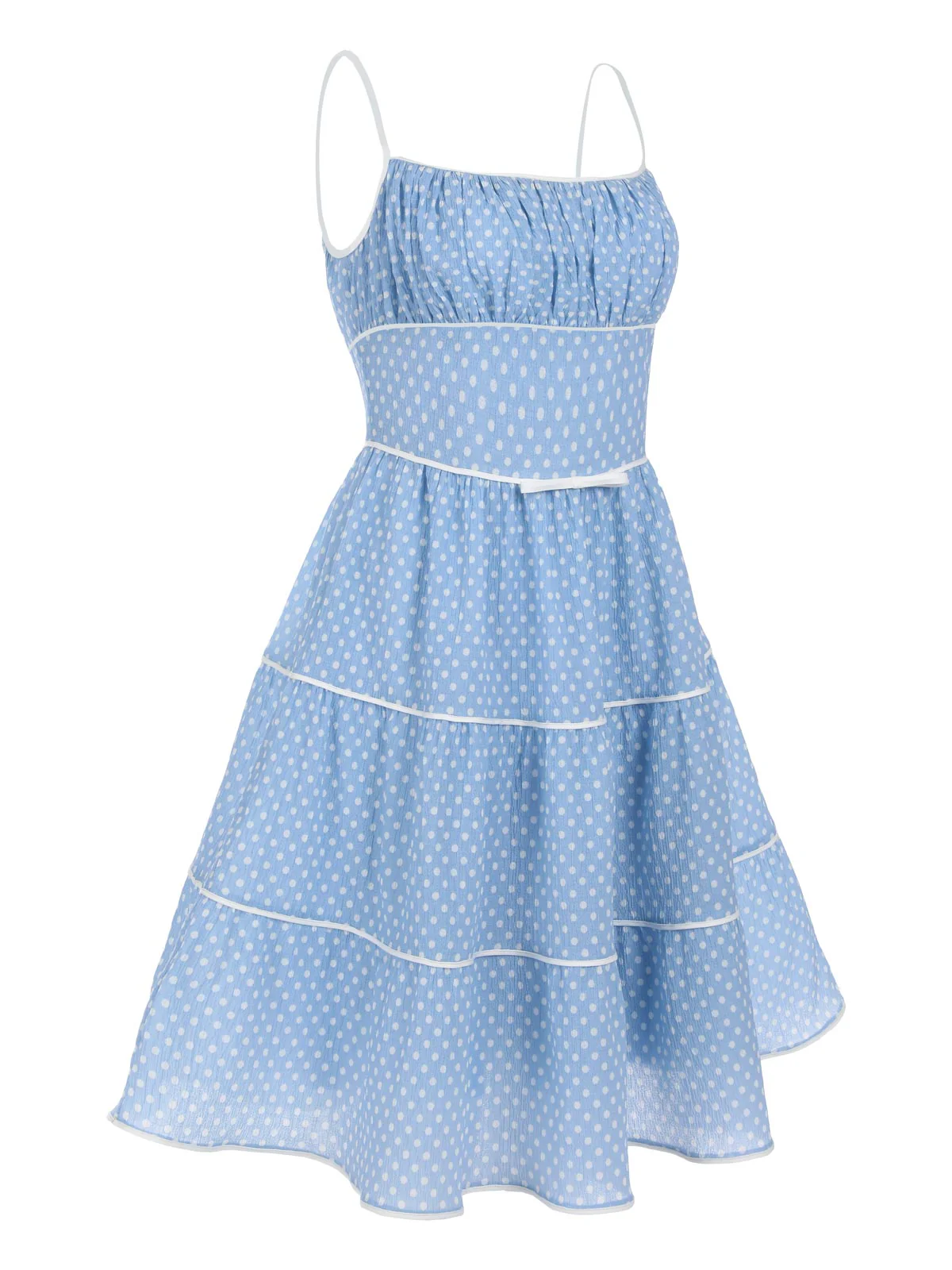 Robe Trapèze Bleu Ciel à Pois et Bretelles Années 1950 - Image 5