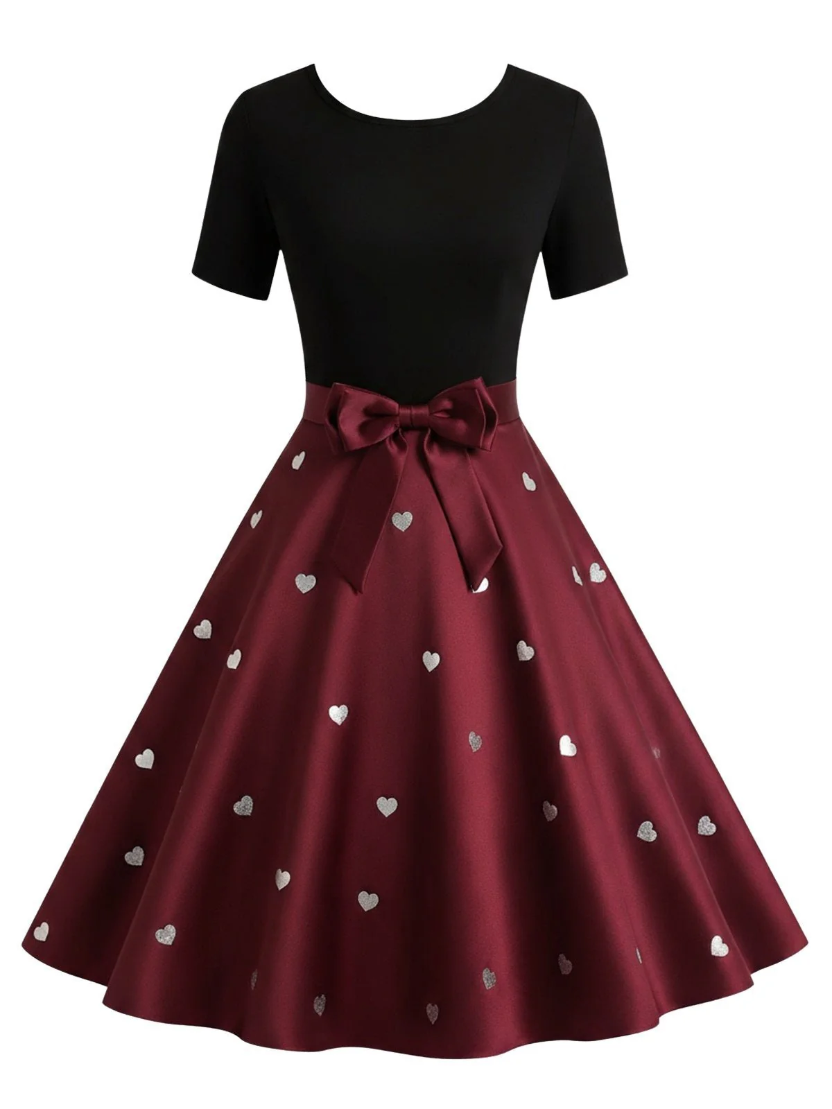 Robe trapèze noire et rouge à nœud imprimé cœur cœur années 50 - Image 2