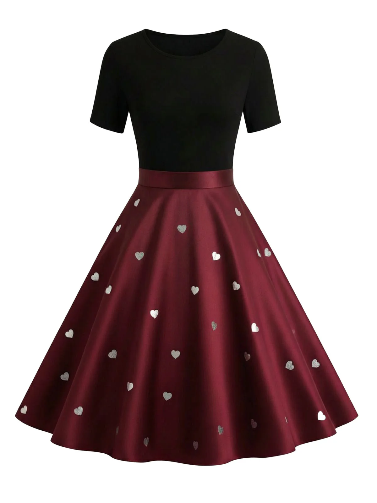 Robe trapèze noire et rouge à nœud imprimé cœur cœur années 50 - Image 3