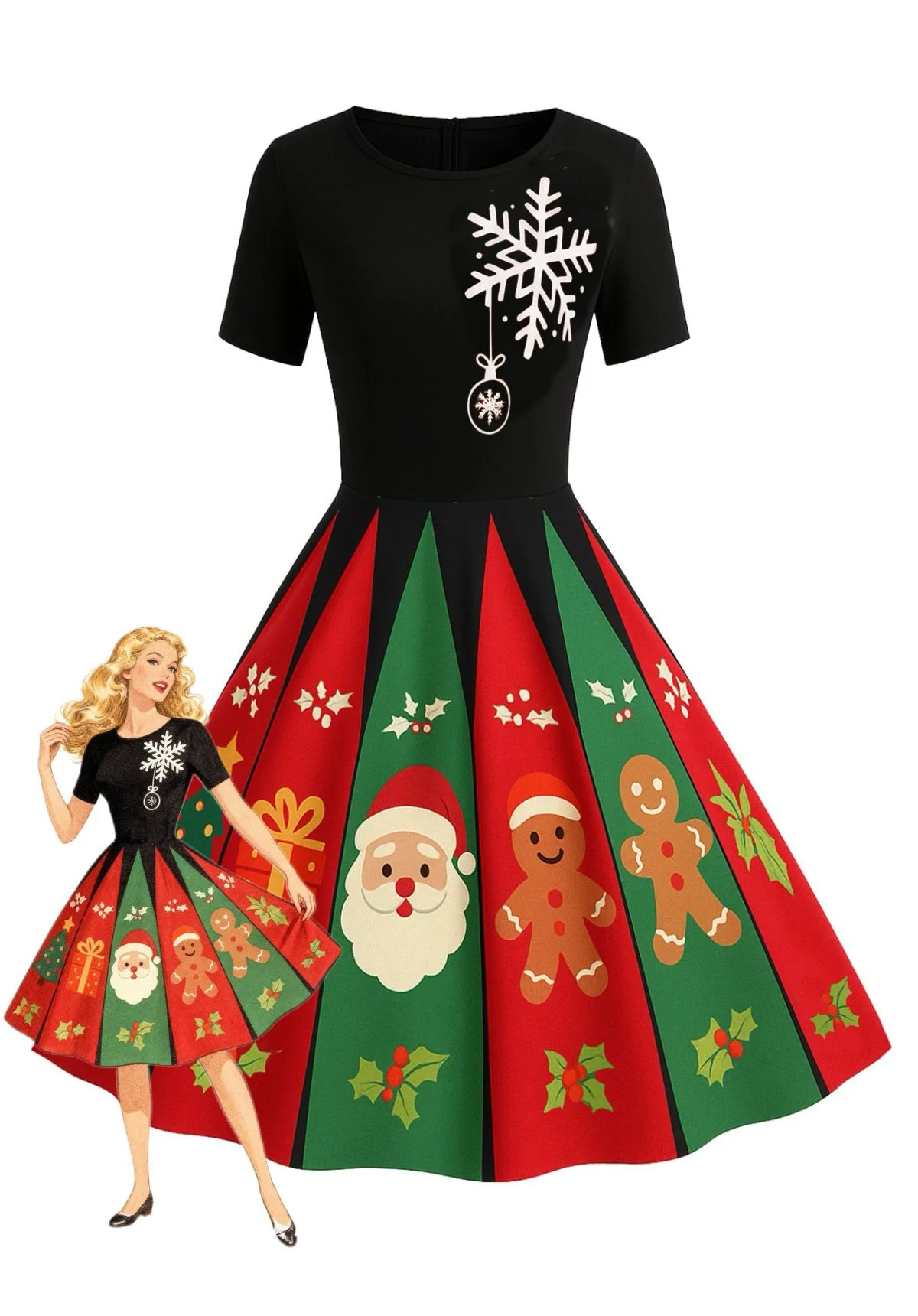 Robe trapèze noire à flocons de neige années 1950