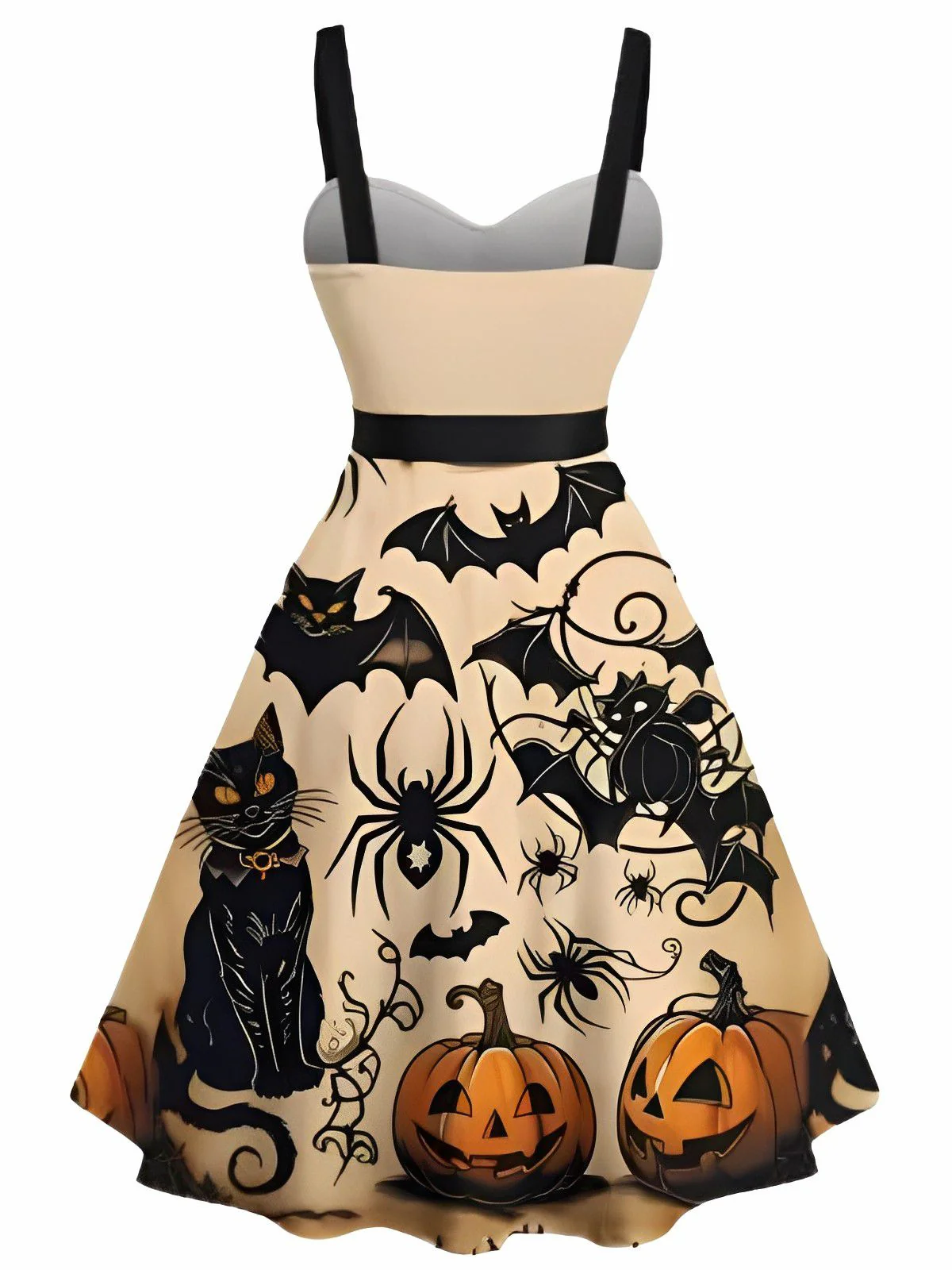 Robe trapèze orange imprimé citrouille et chat noir Halloween années 1950 - Image 2