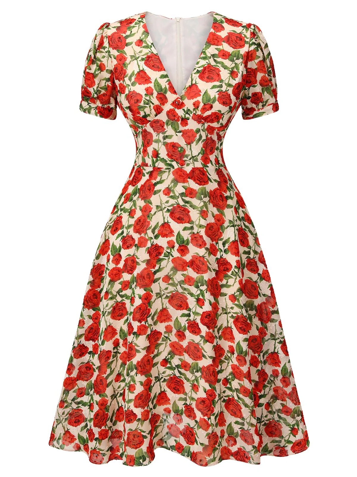 Robe trapèze rose à col en V des années 1940 rouge - Image 2