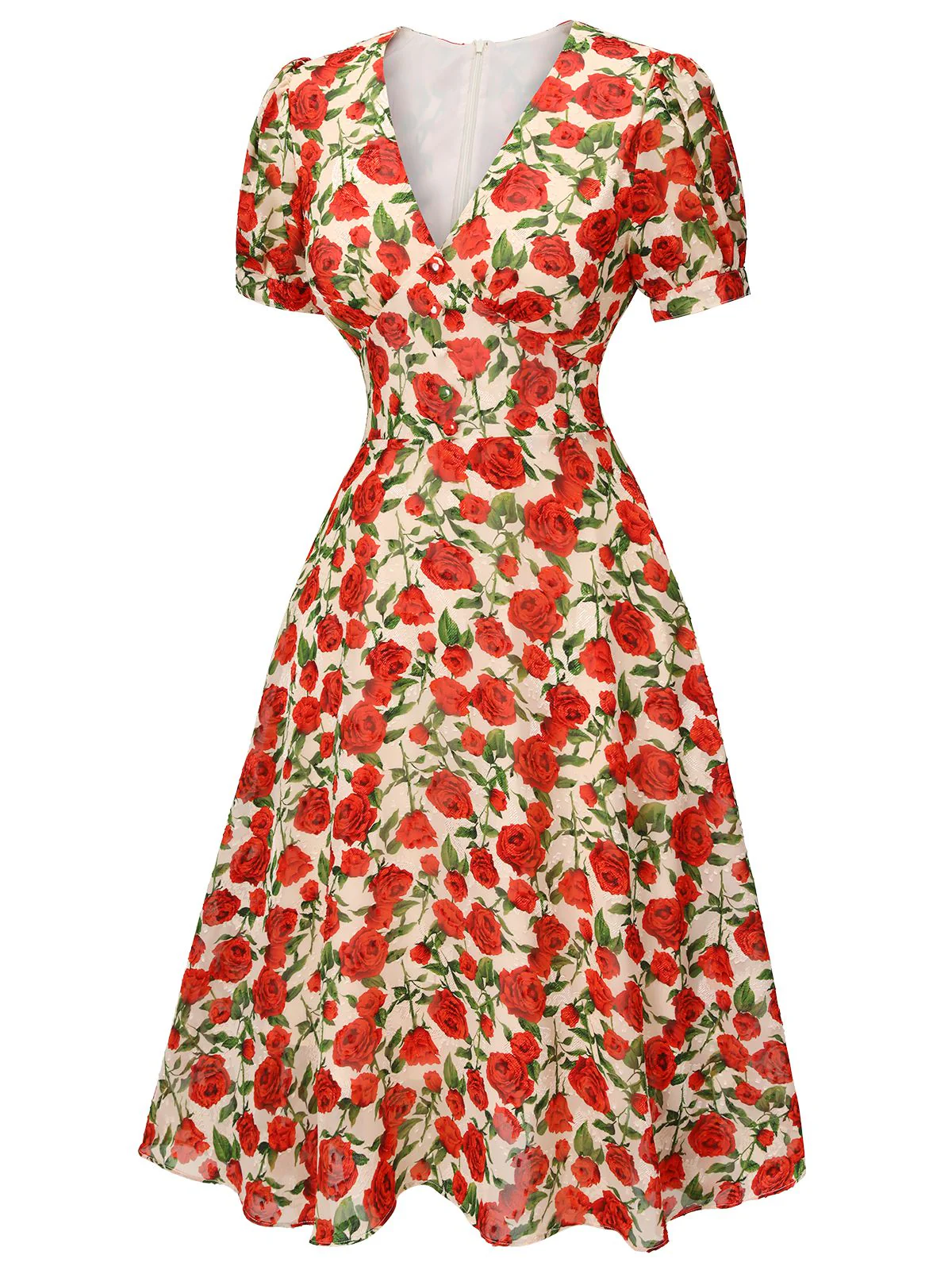 Robe trapèze rose à col en V des années 1940 rouge - Image 3