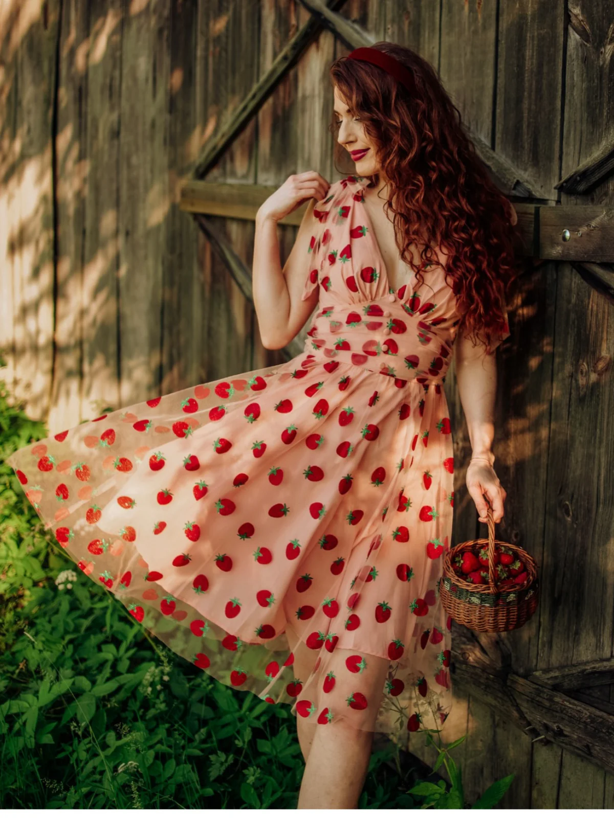 Robe trapèze rose fraise années 1950 en maille Chic