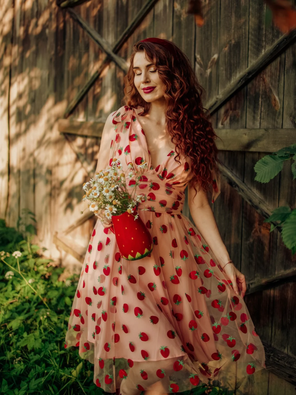 Robe trapèze rose fraise années 1950 en maille Chic - Image 2