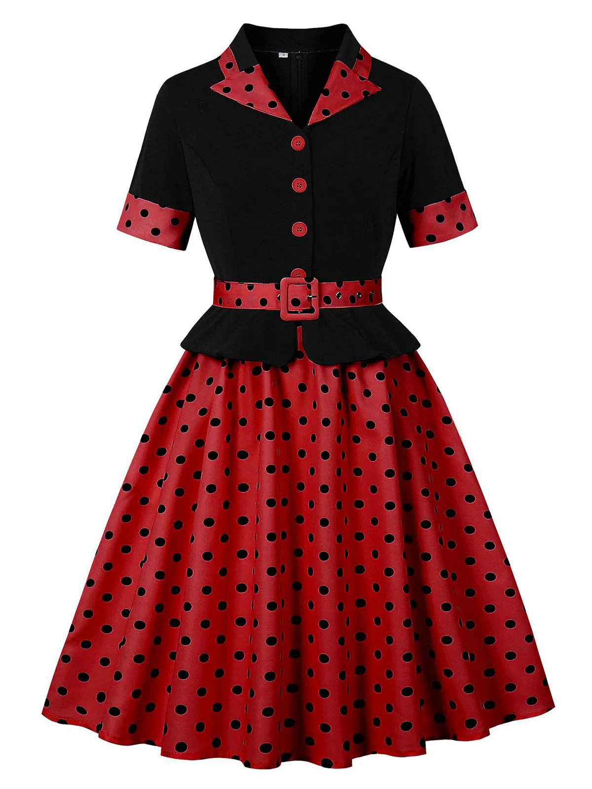 Robe trapèze à ceinture et revers à pois années 1950 - Image 7