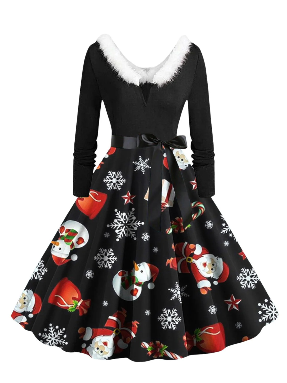 Robe trapèze à col en V et col en fourrure des années 1950