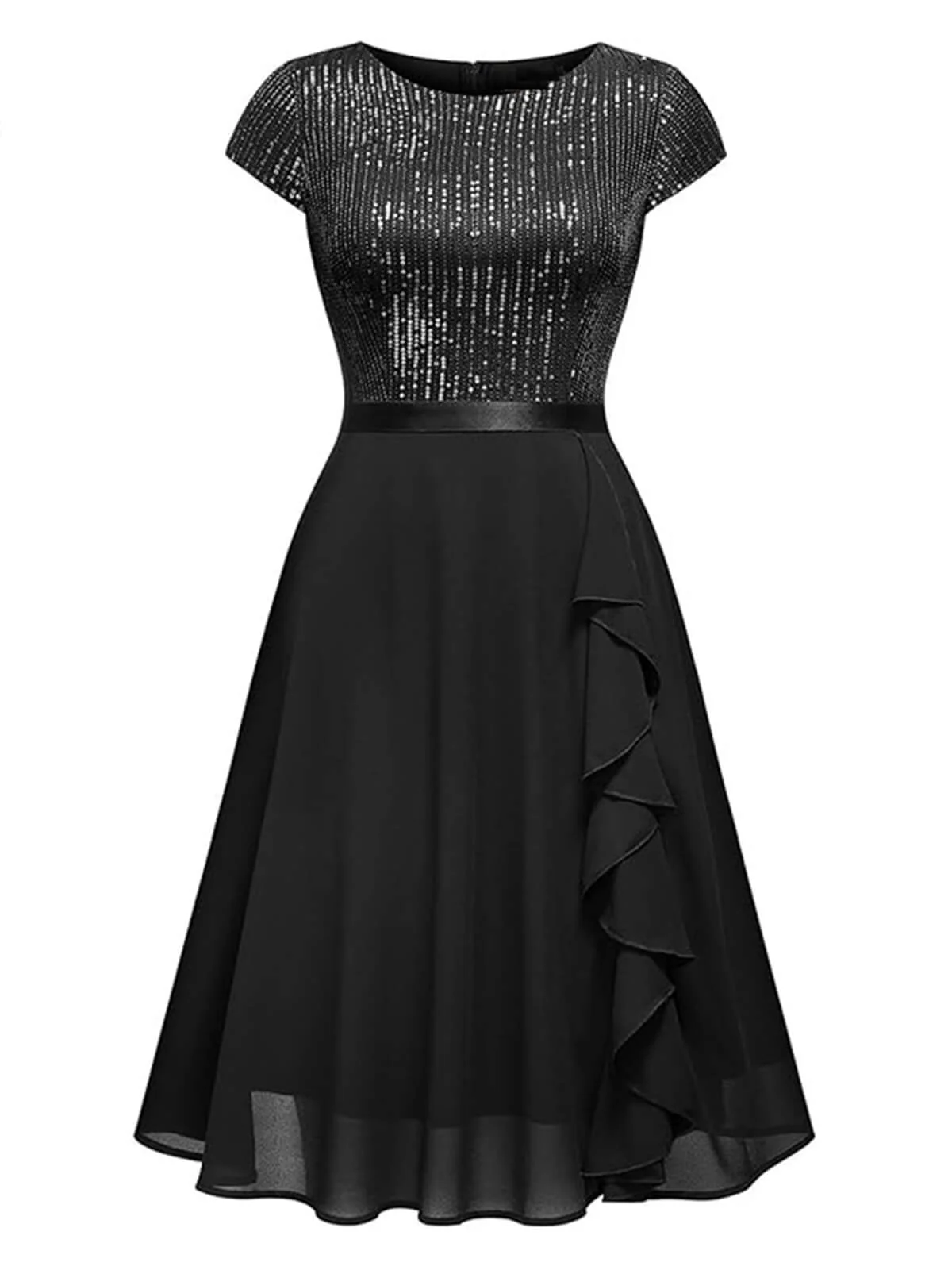 Robe trapèze à volants en mousseline de soie à paillettes des années 1940 - Image 4