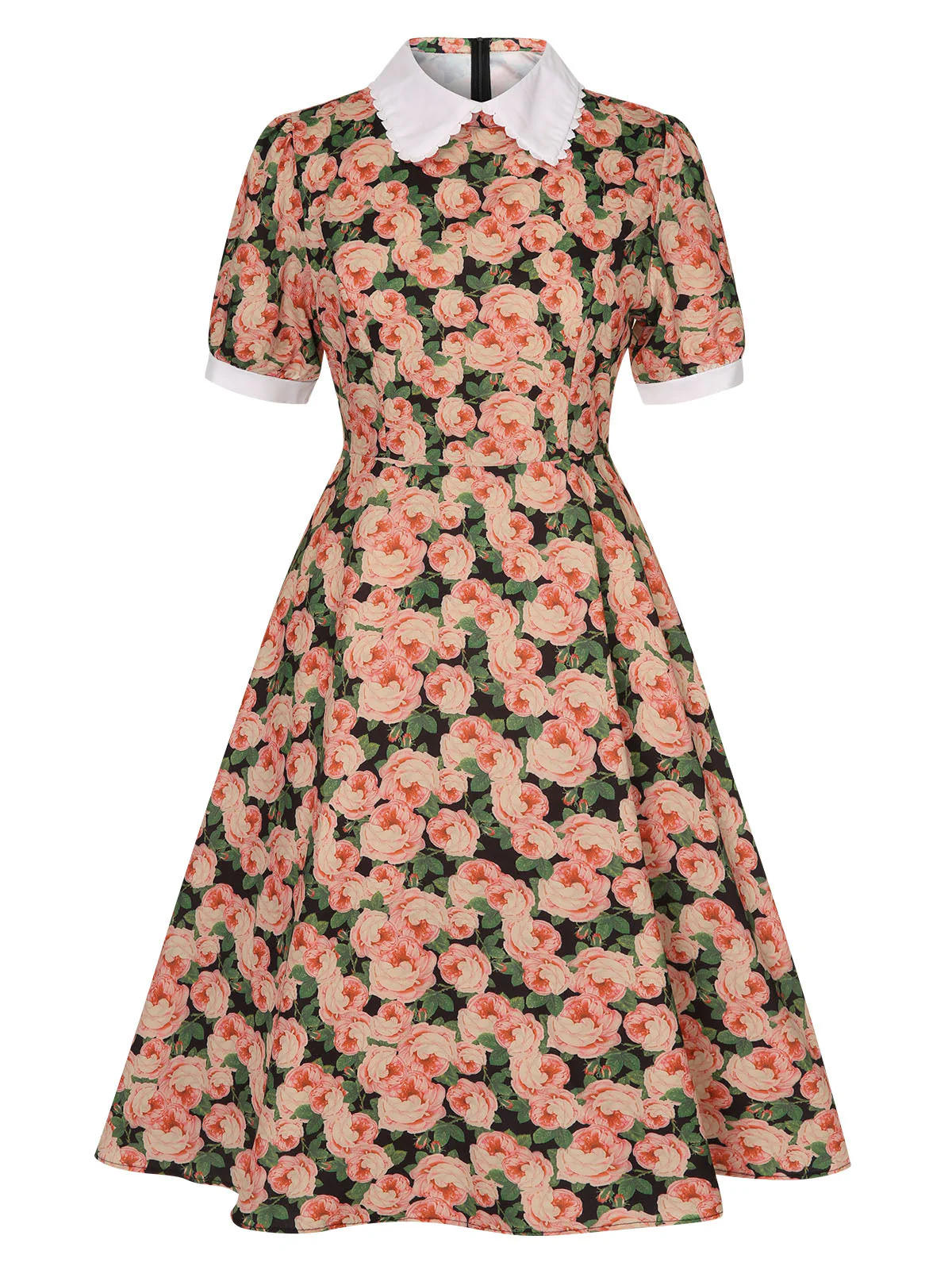 Robe trapèze bouffante à revers roses des années 1950