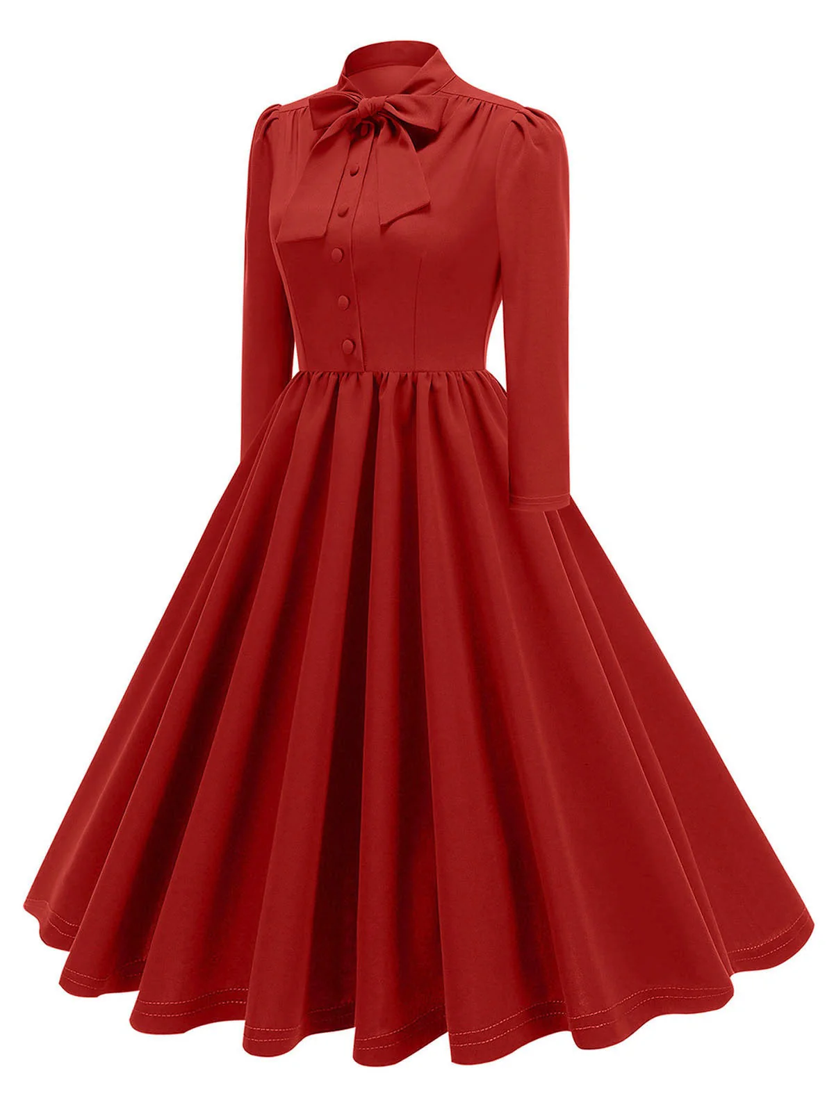 Robe trapèze boutonnée à col en nœud solide des années 1950 - Image 3