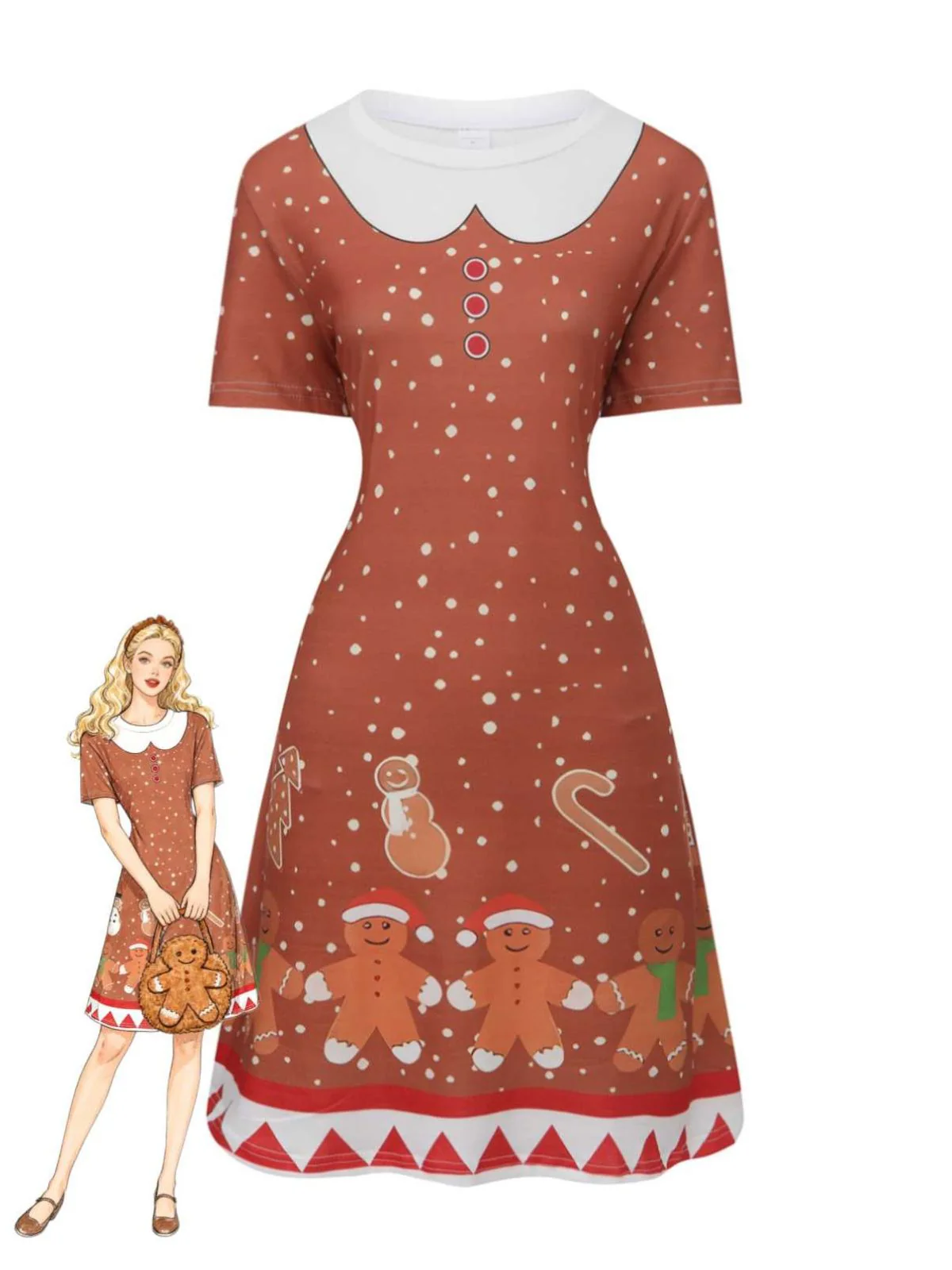 Robe trapèze de Noël motif bonhomme en pain d'épice années 1960