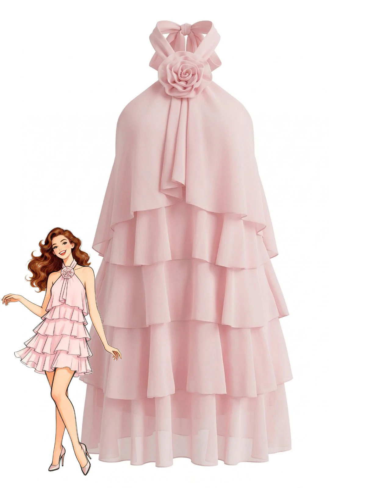 Robe trapèze dos nu volants étagés années 1960
