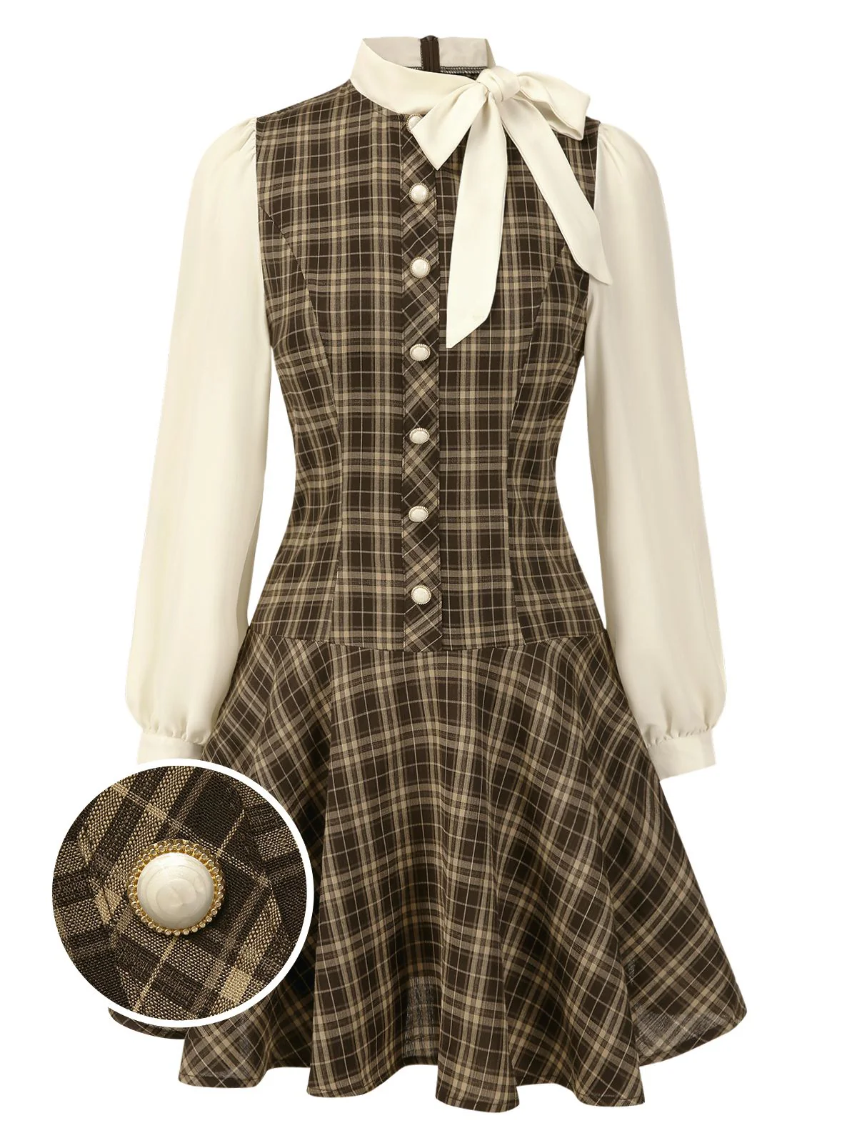 [Prévente] Robe trapèze marron à carreaux avec nœud années 1960 - Image 5