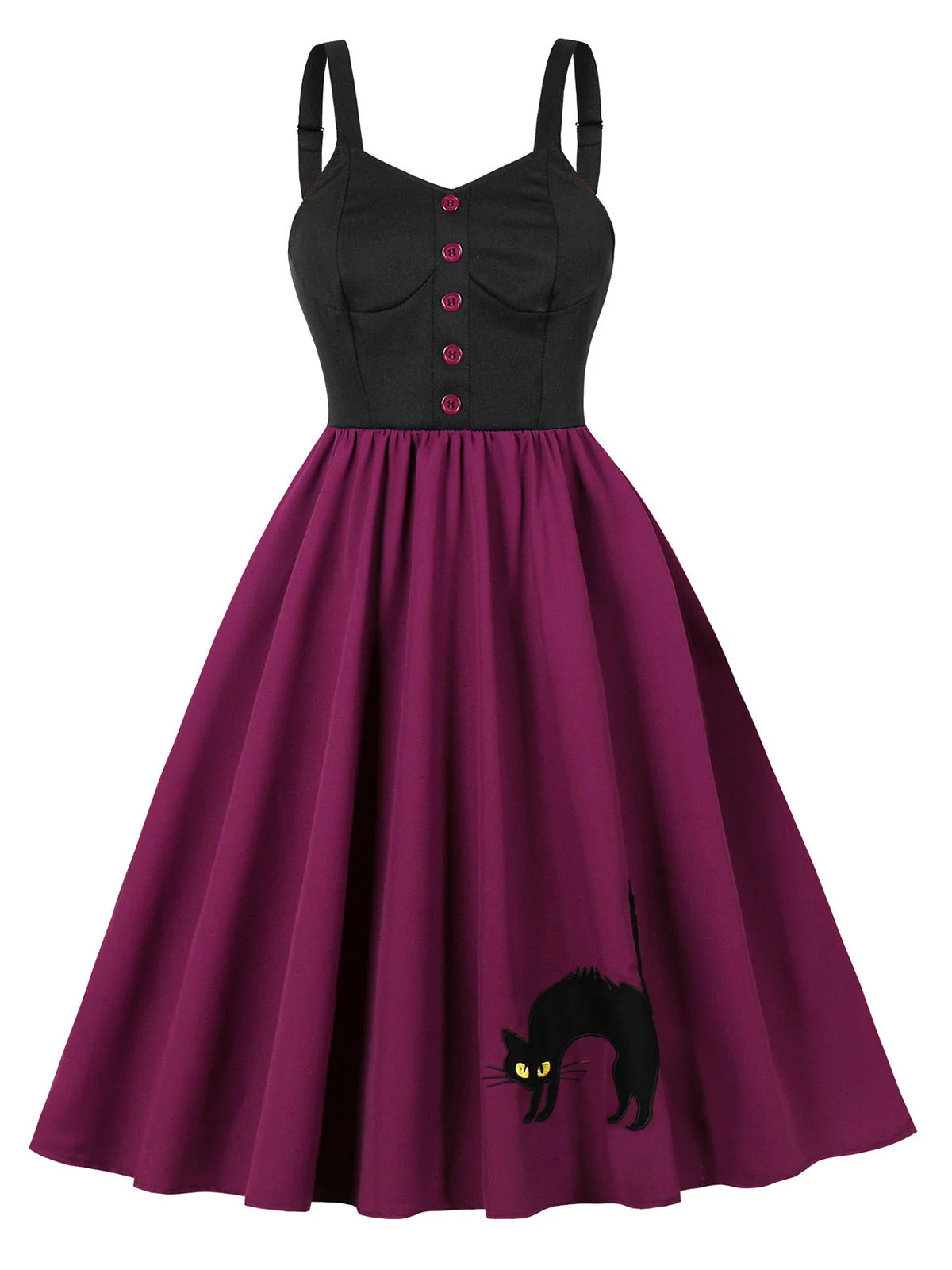 Robe trapèze motif chat larges bretelles rouge violacé des années 1950