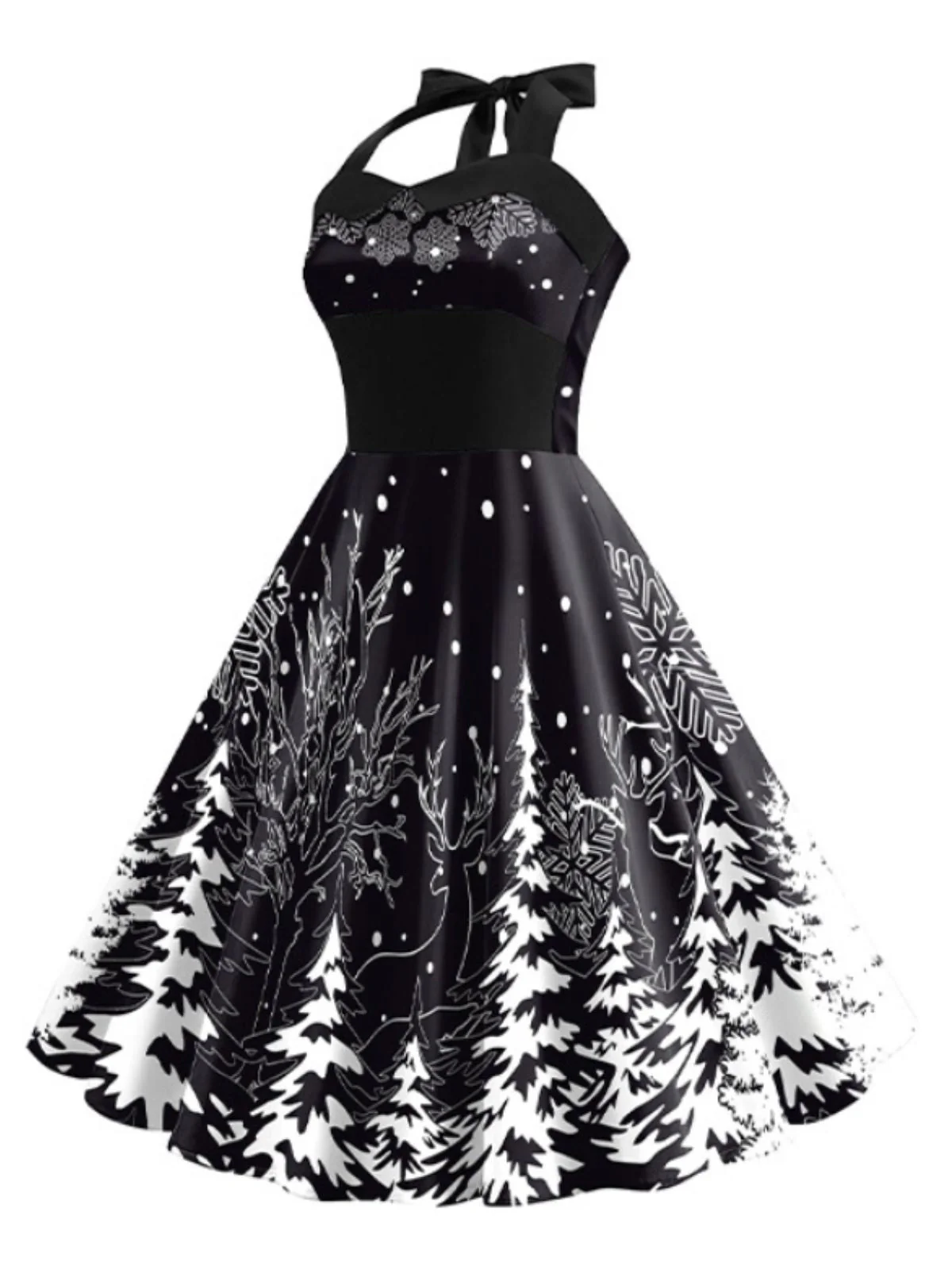 Robe trapèze noire à col licou en forme d'arbre de Noël des années 1950 - Image 2