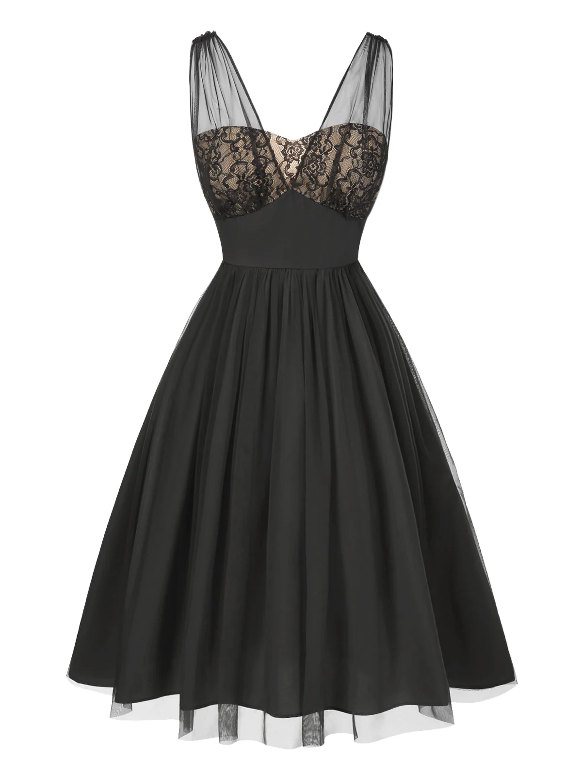Robe trapèze noire fleurie en dentelle et maille années 1950 - Image 2