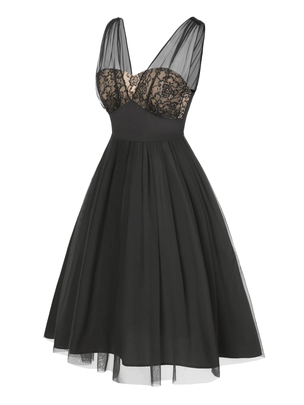 Robe trapèze noire fleurie en dentelle et maille années 1950 - Image 3