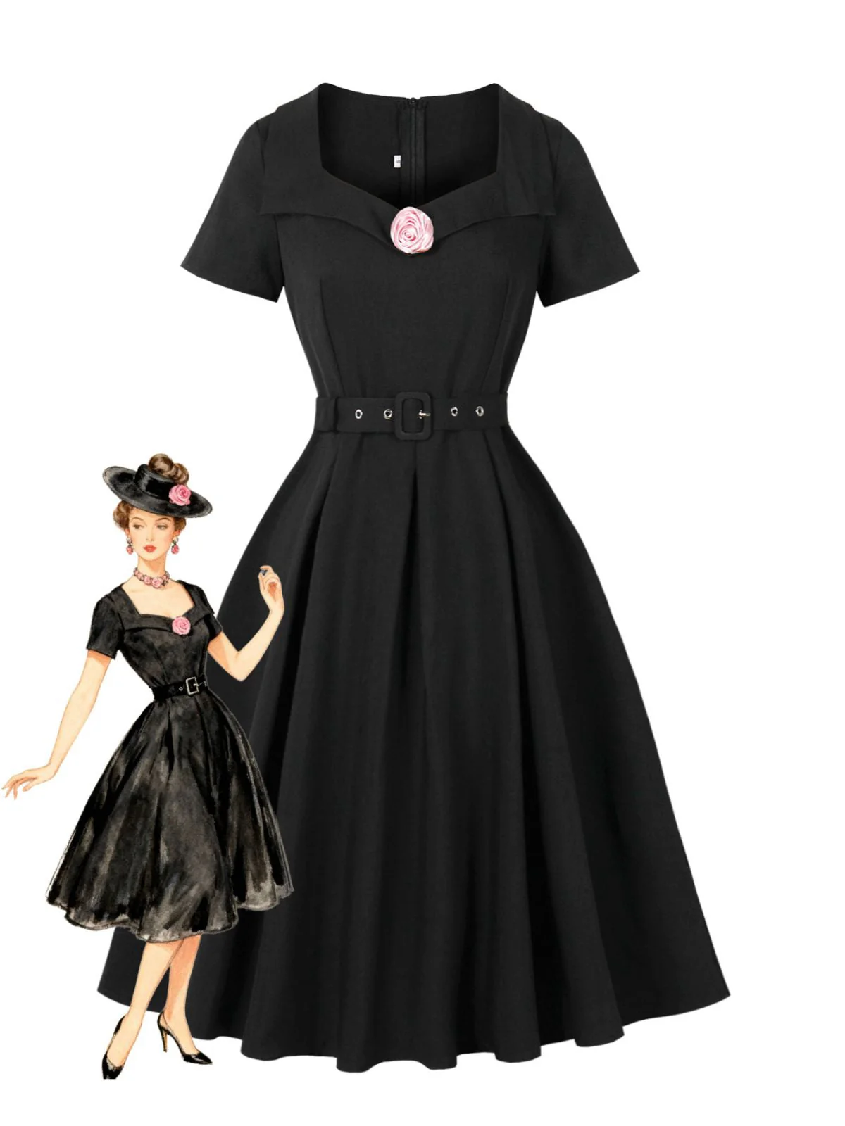 Robe trapèze noire unie col revers en forme de rose 3D des années 1950