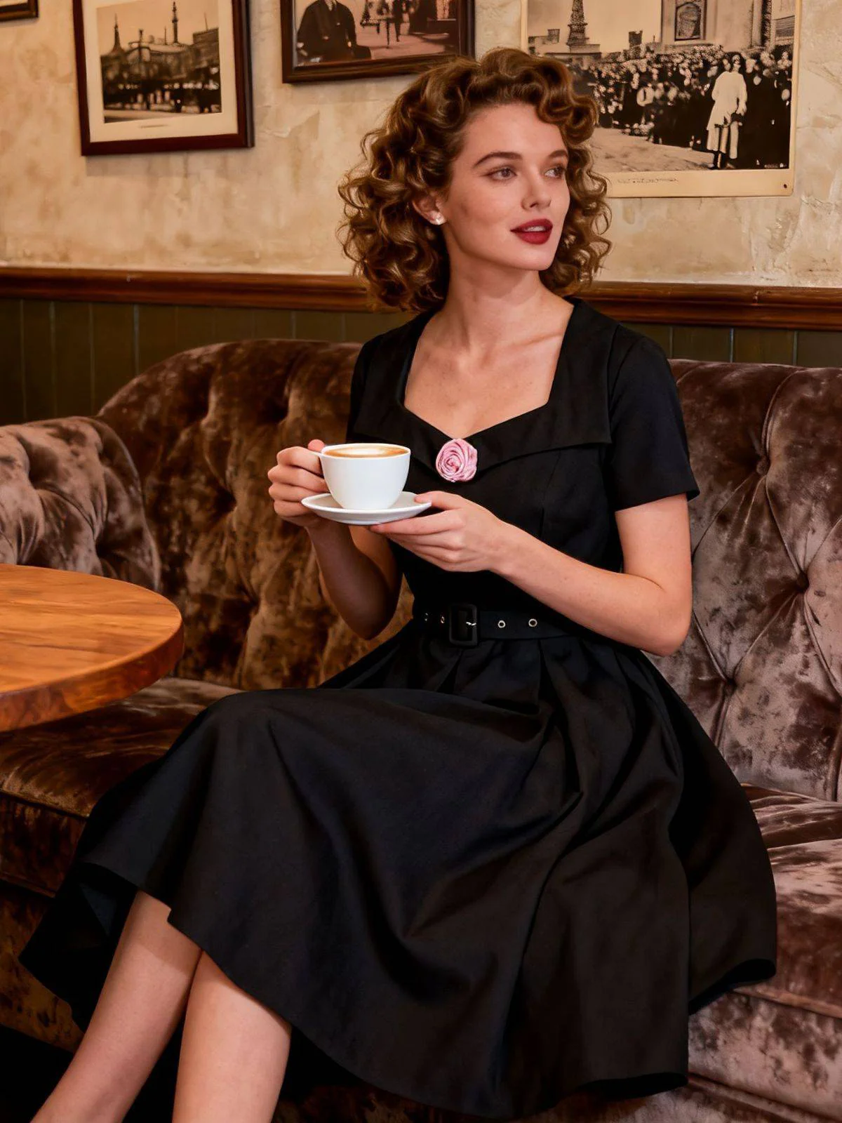 Robe trapèze noire unie col revers en forme de rose 3D des années 1950 - Image 2