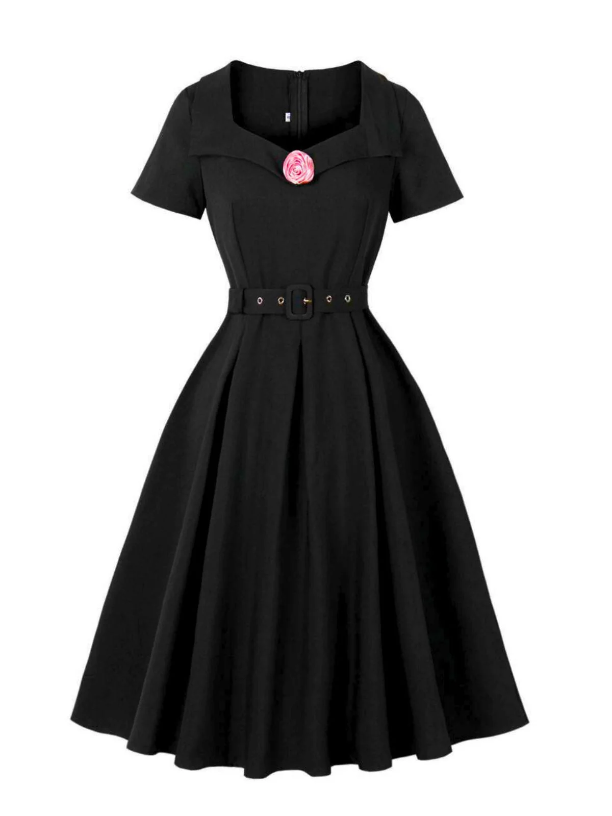 Robe trapèze noire unie col revers en forme de rose 3D des années 1950 - Image 3