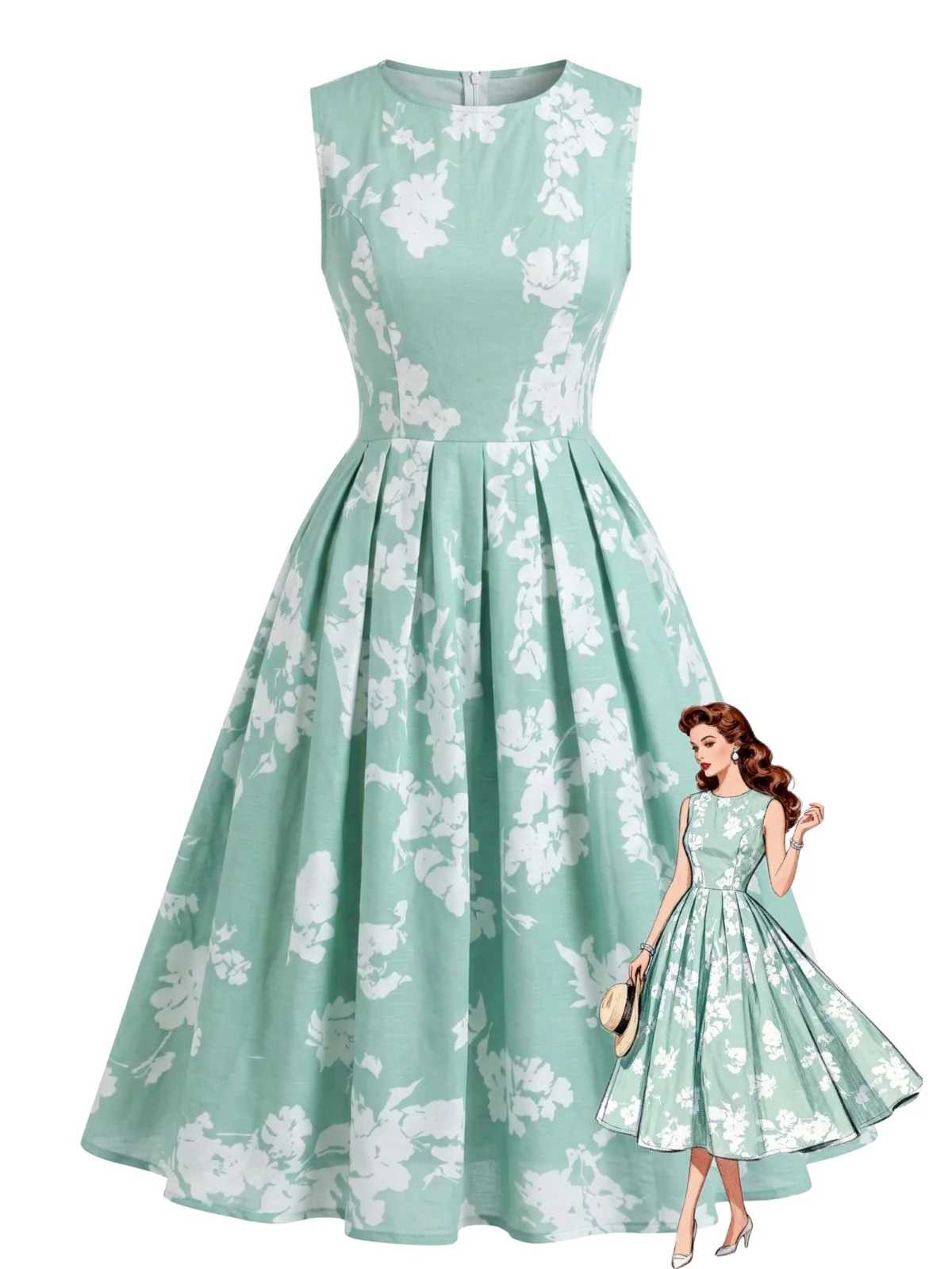 [Prévente] Robe trapèze plissée sans manches motif floral années 1940