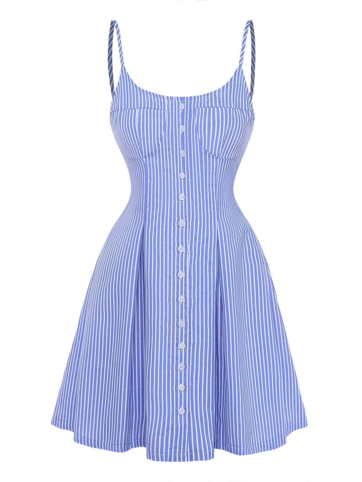 Robe trapèze rayée bleue bretelles fines années 1960 - Image 2