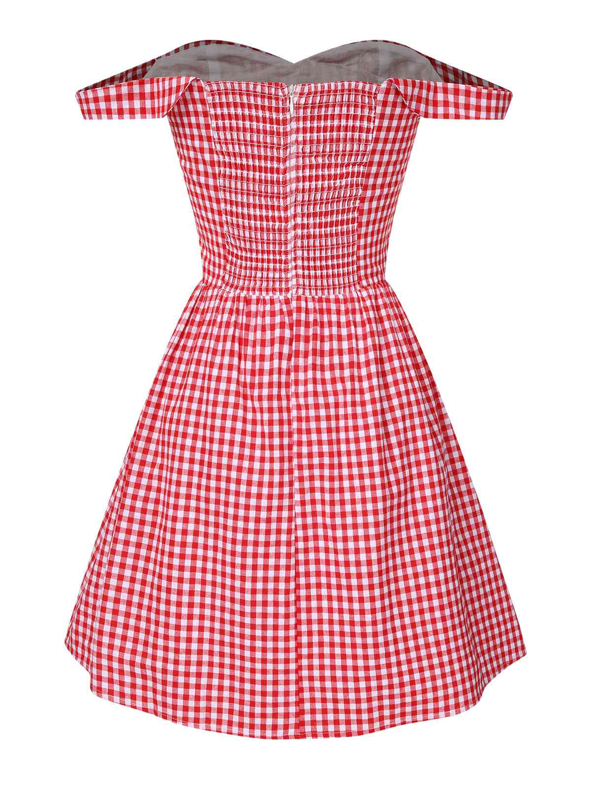 Robe trapèze rouge à carreaux et épaules dénudées des années 1950 - Image 2