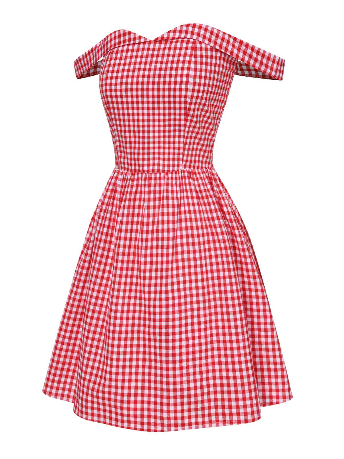 Robe trapèze rouge à carreaux et épaules dénudées des années 1950 - Image 3
