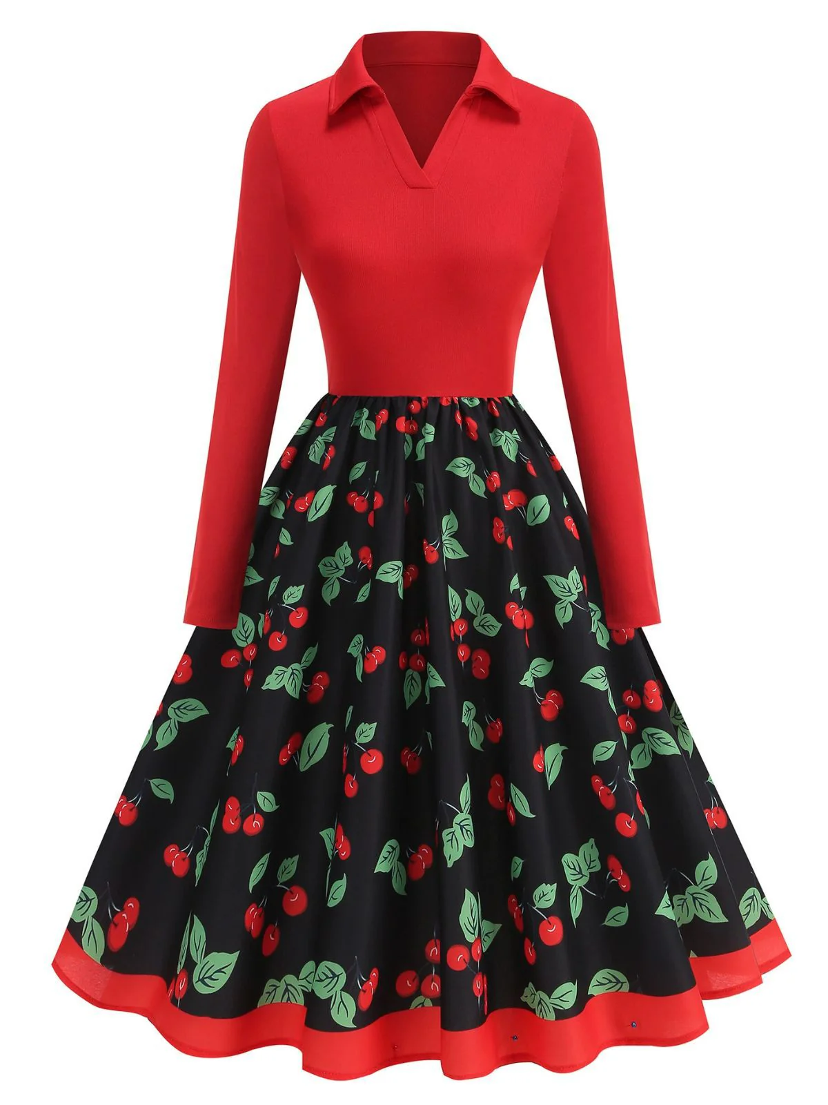Robe trapèze rouge cerises et à manches longues années 1950