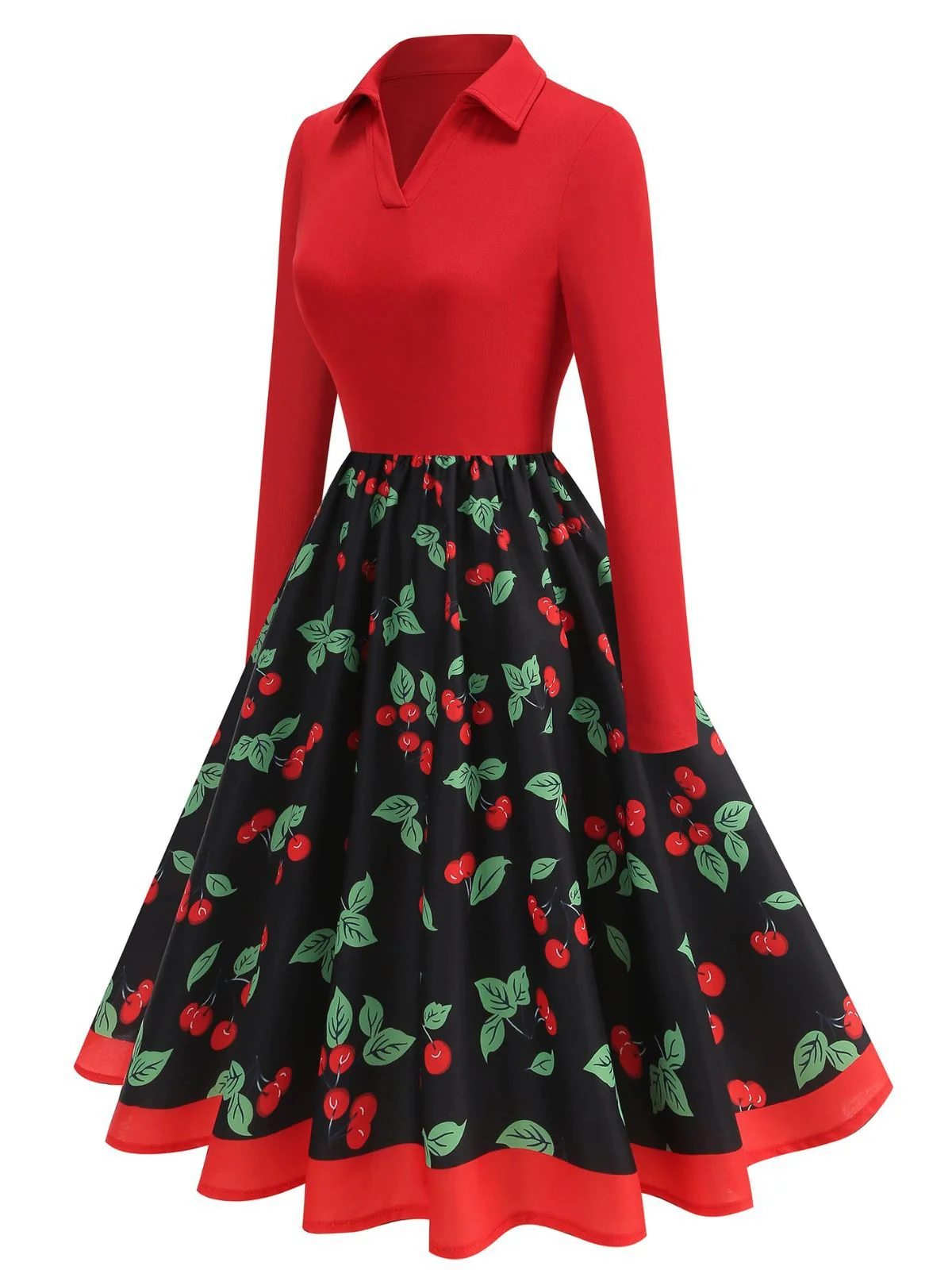 Robe trapèze rouge cerises et à manches longues années 1950 - Image 2