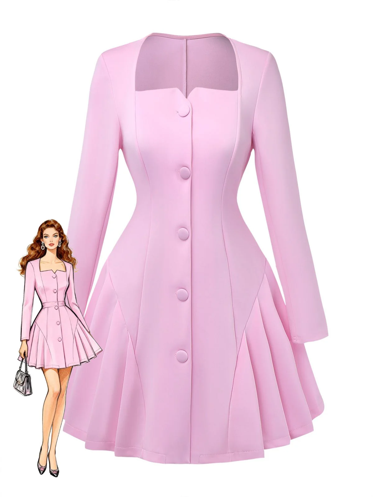 Robe Uni Plissée Manches Longues Col CœurAnnée 1950