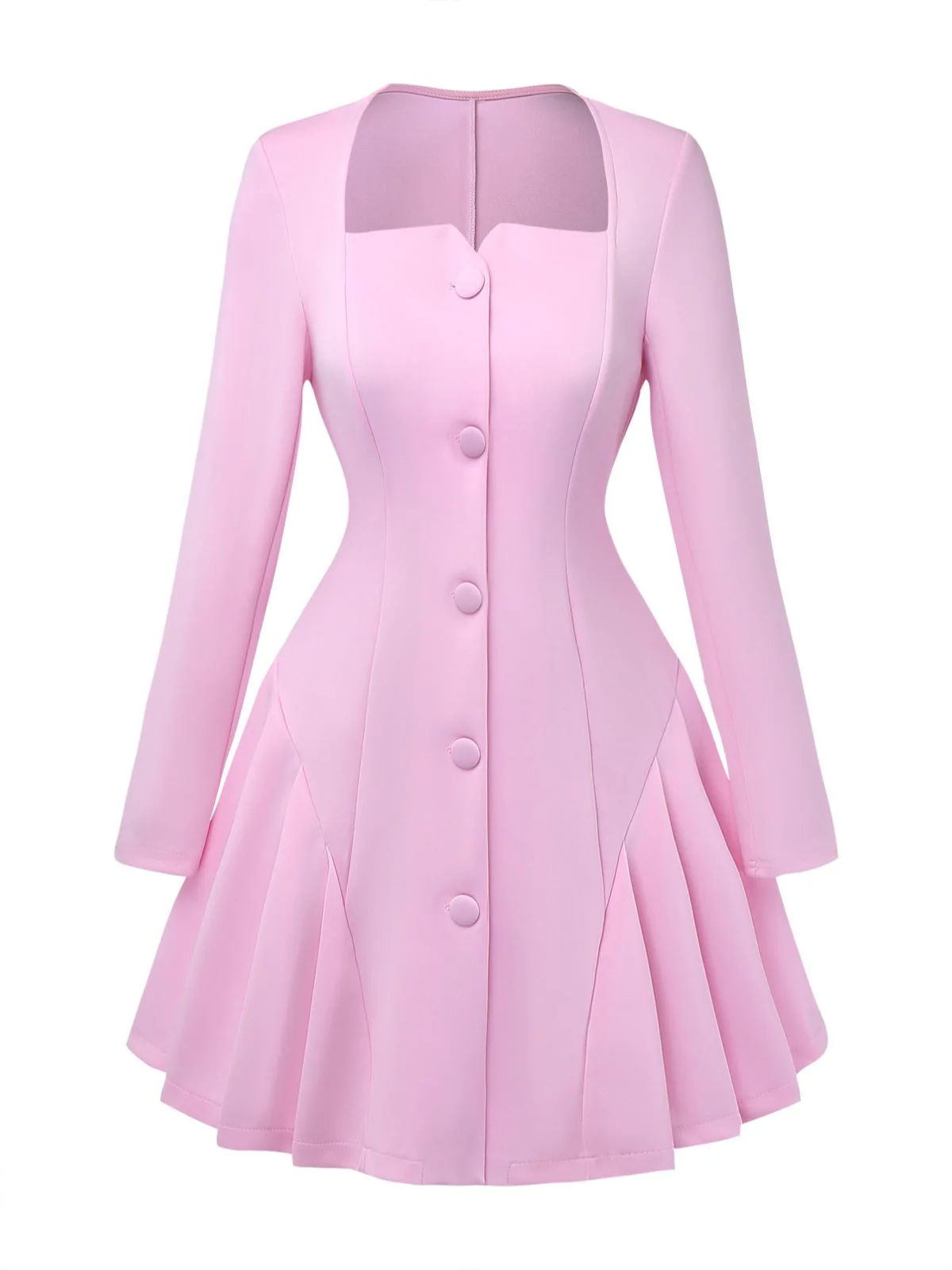 Robe Uni Plissée Manches Longues Col CœurAnnée 1950 - Image 2
