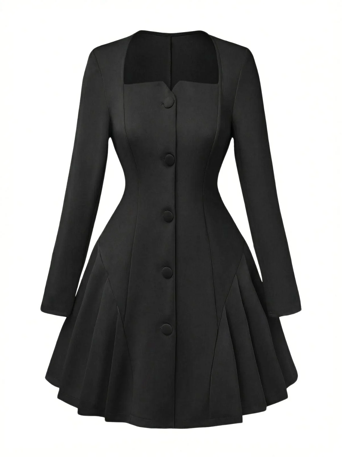 Robe Uni Plissée Manches Longues Col CœurAnnée 1950 - Image 9