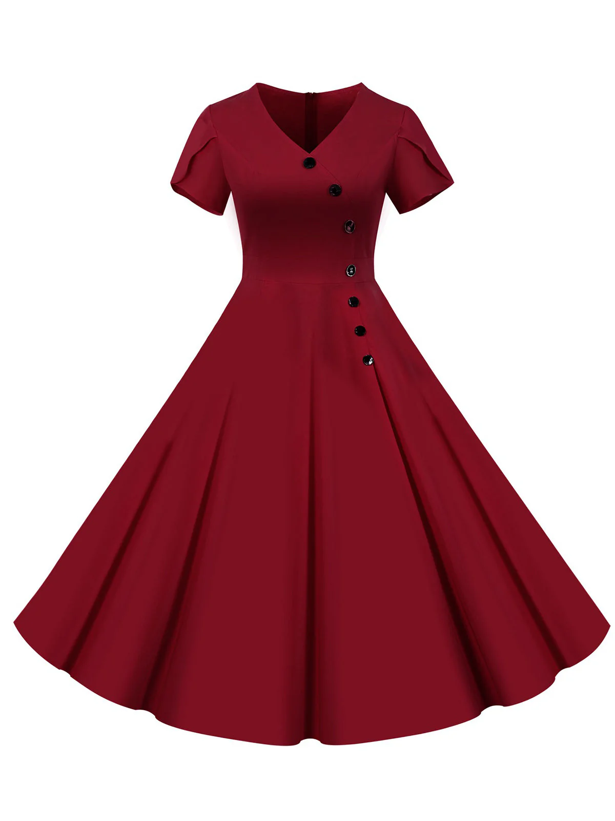 Robe unie à simple boutonnage et col en V des années 1950 - Image 3