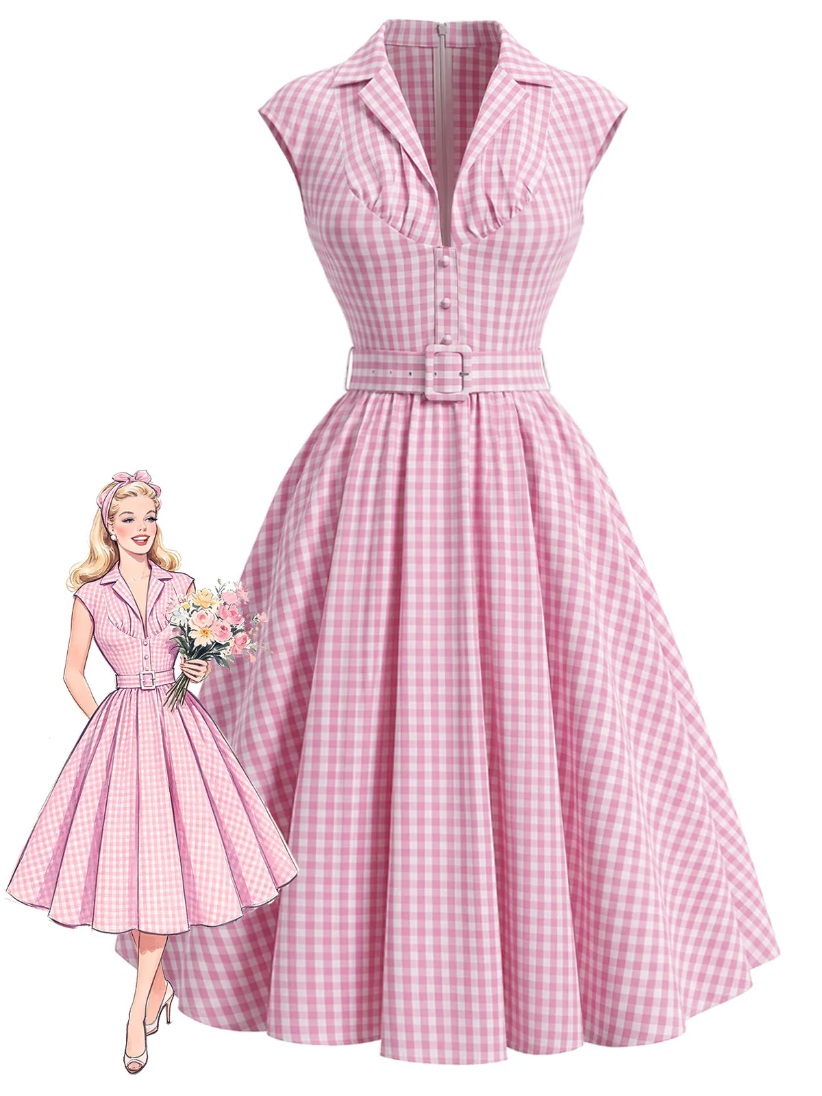 [Prévente] Robe évasée rose motif vichy col V revers et ceinture années 40