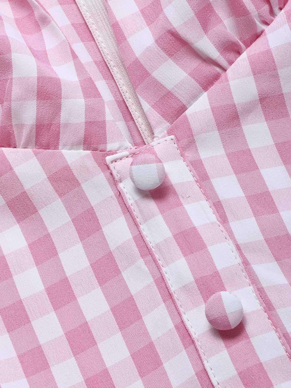 [Prévente] Robe évasée rose motif vichy col V revers et ceinture années 40 - Image 5
