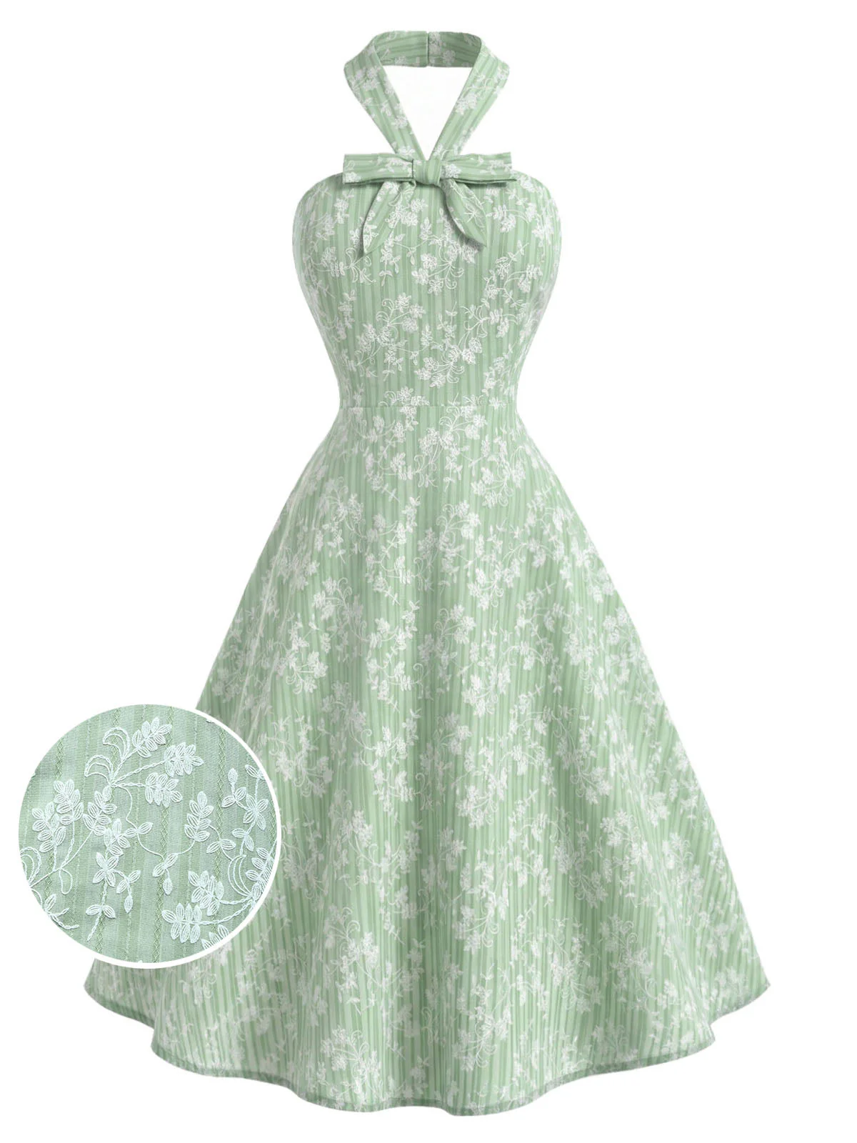 [Prévente] Robe Vert Menthe Petit Fleurs Coton Dos Nu Années 1940