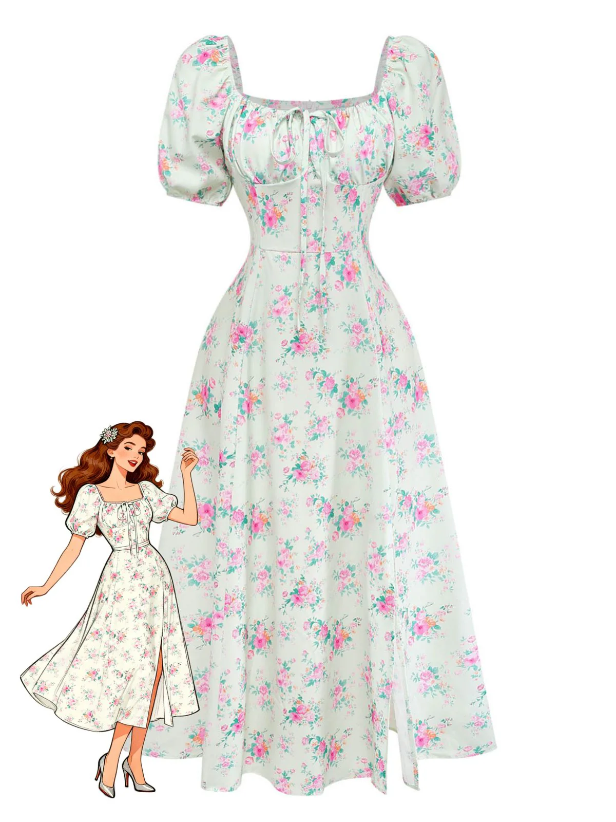 Robe Vert Petites Fleurs Manches Bouffantes Années 1950