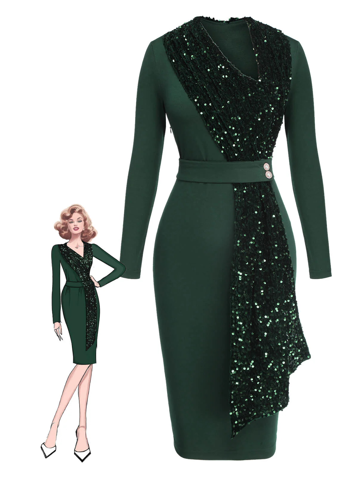 Robe verte à ceinture et patchwork pailleté des années 1960