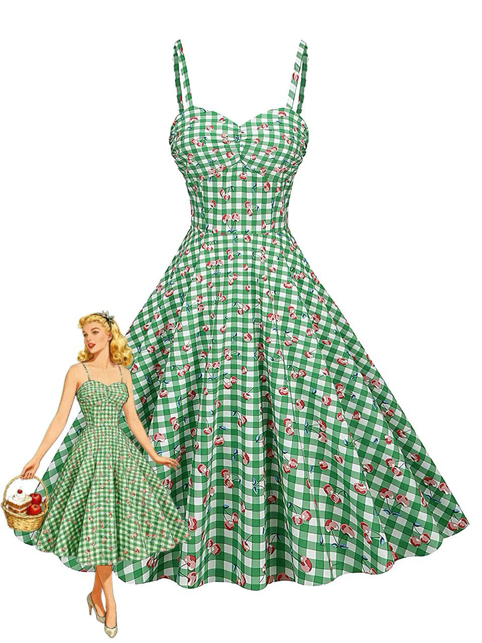 Robe verte coton vichy motif cerises et bretelles fines années 1950