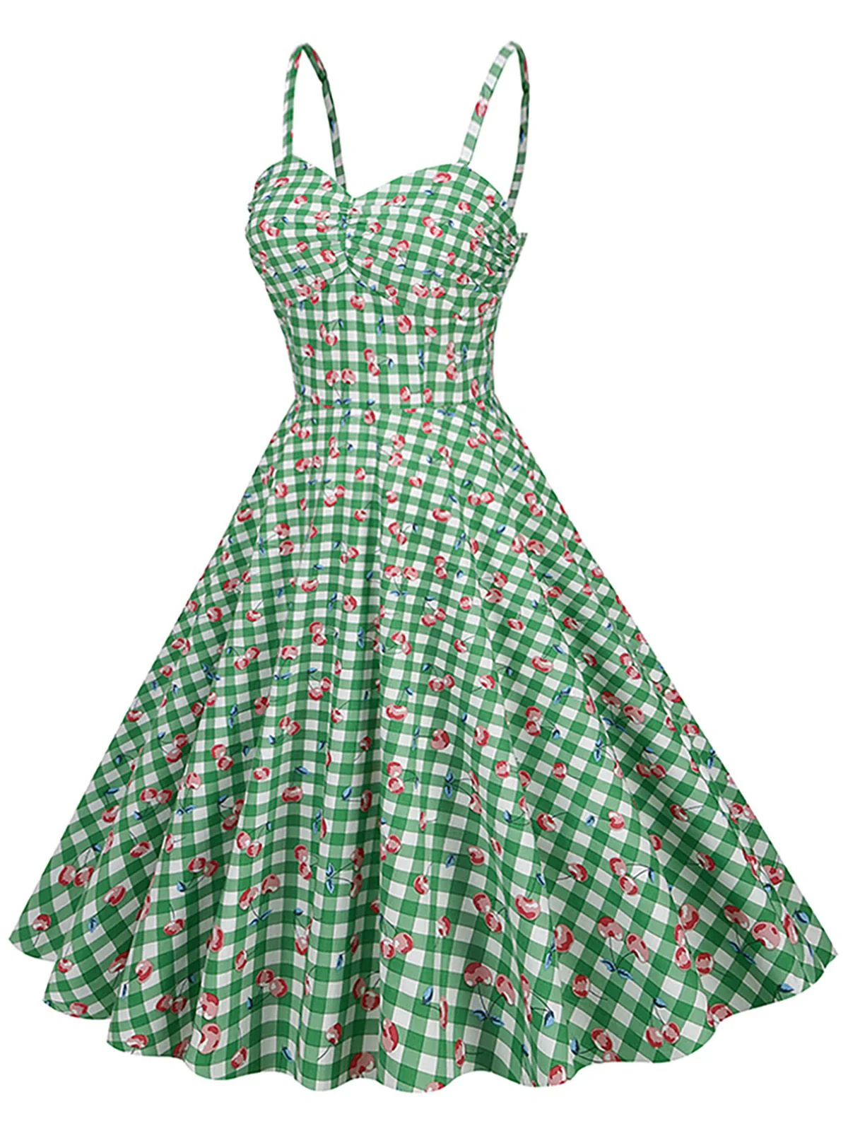 Robe verte coton vichy motif cerises et bretelles fines années 1950 - Image 6