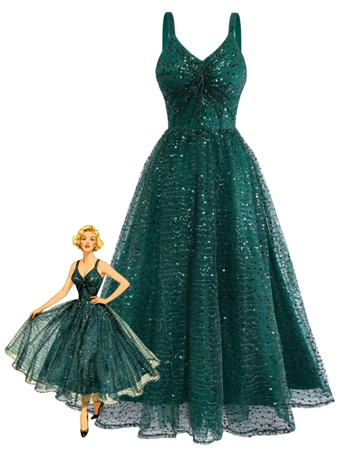 Robe verte en maille à paillette torsadés des années 1930