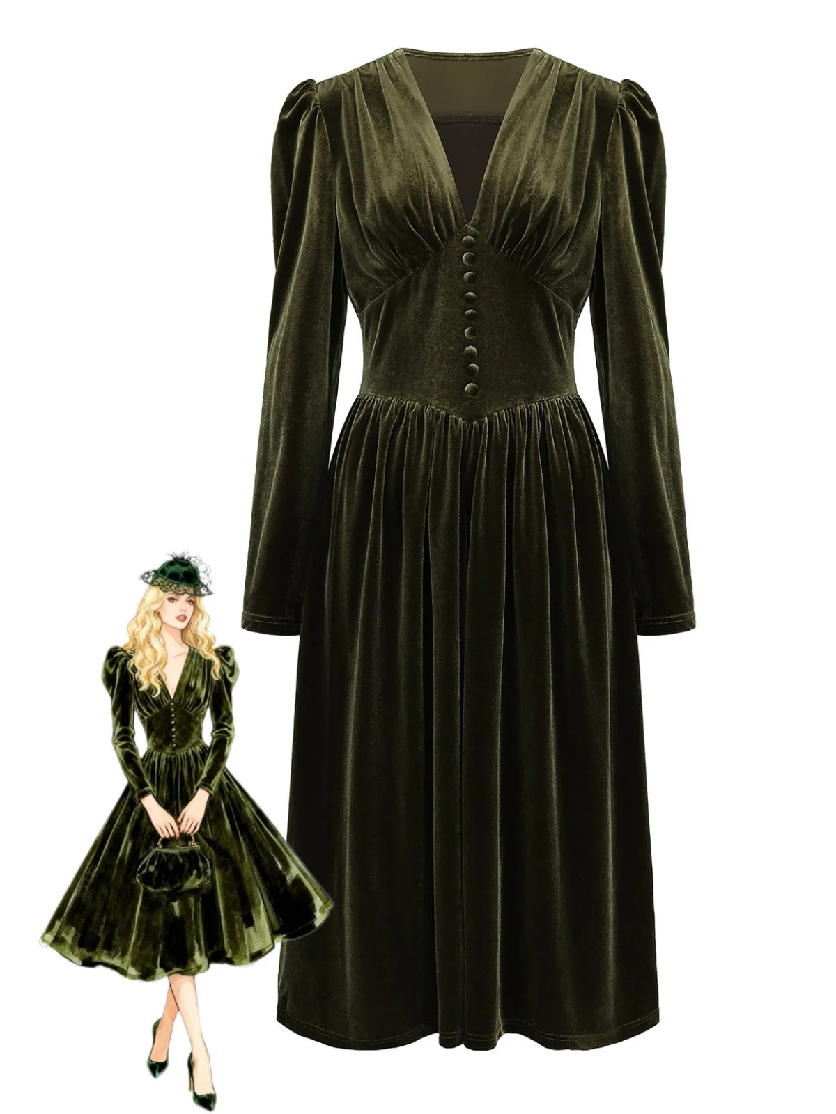 Robe verte en velours manches bouffantes col en V profond et froncées des années 1940