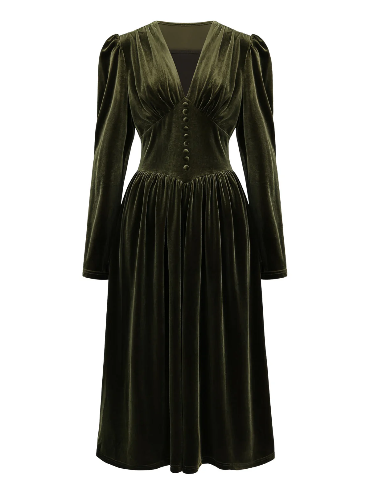 Robe verte en velours manches bouffantes col en V profond et froncées des années 1940 - Image 2