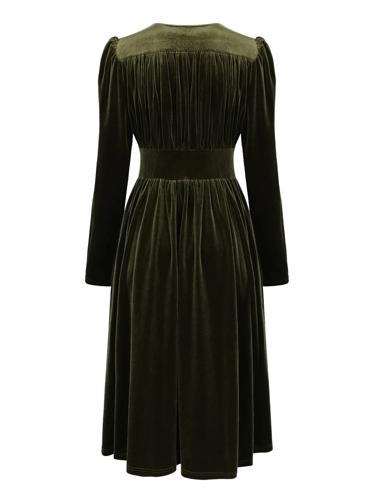 Robe verte en velours manches bouffantes col en V profond et froncées des années 1940 - Image 3