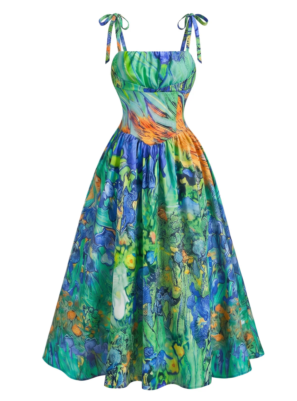 Robe verte fines bretelles motif iris peint l'huile années 1950 - Image 2