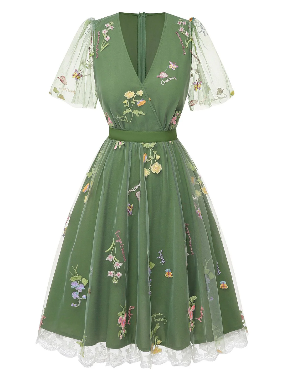 Robe verte manches bouffantes et broderies florales en résille années 50 - Image 2